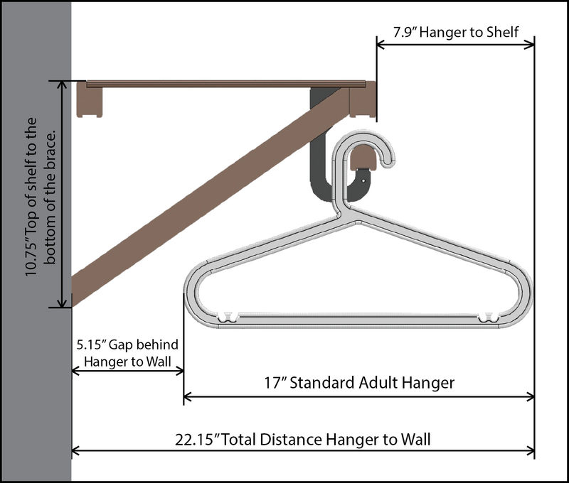 Measurement diagram of a hanger and shelf setup with dimensions labeled.