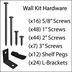 A hardware pack for a Wall Kit, including screws, L-Brackets and shelf pegs.