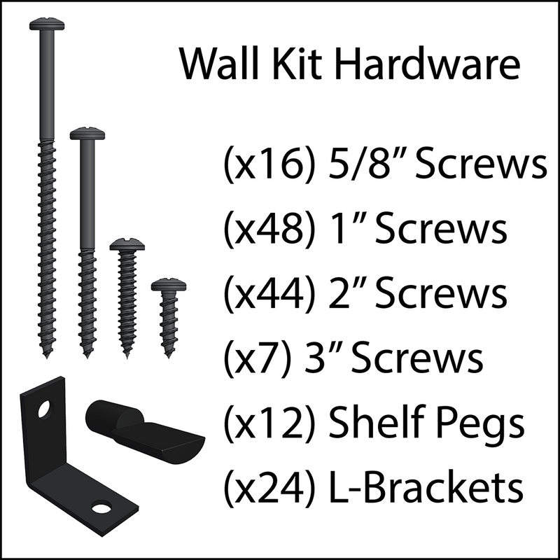 A hardware pack for a Wall Kit, including screws, L-Brackets and shelf pegs.