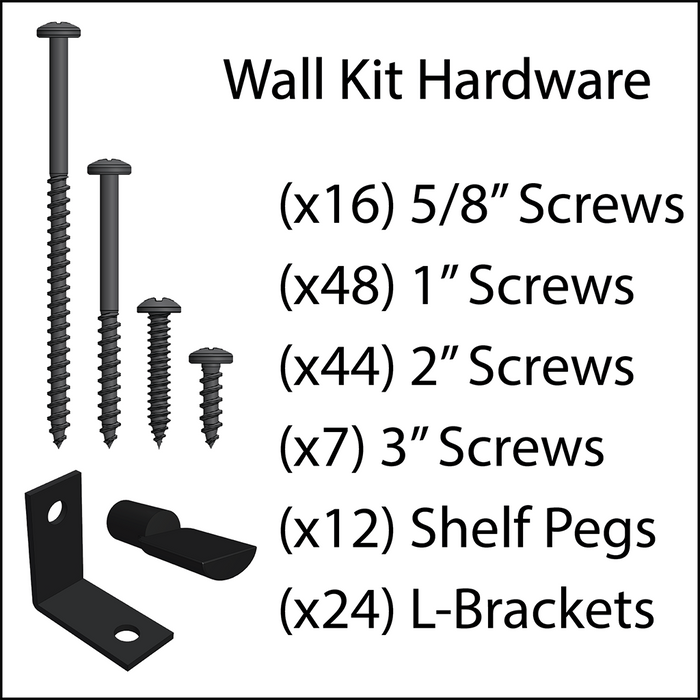 A hardware pack for a Wall Kit, including screws, L-Brackets and shelf pegs.