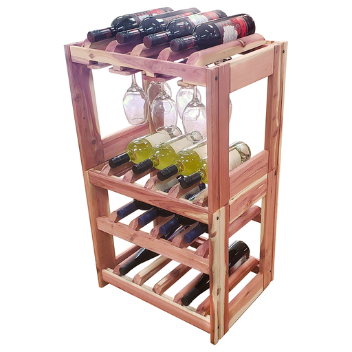 A wooden wine rack filled with bottles of wine and glass holders, showcasing its structure and storage capacity.
