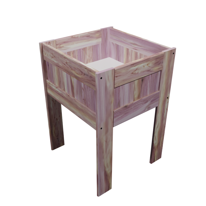 A solid wood retail product dump bin with adjustable melamine bottom, featuring a natural red cedar wood finish.