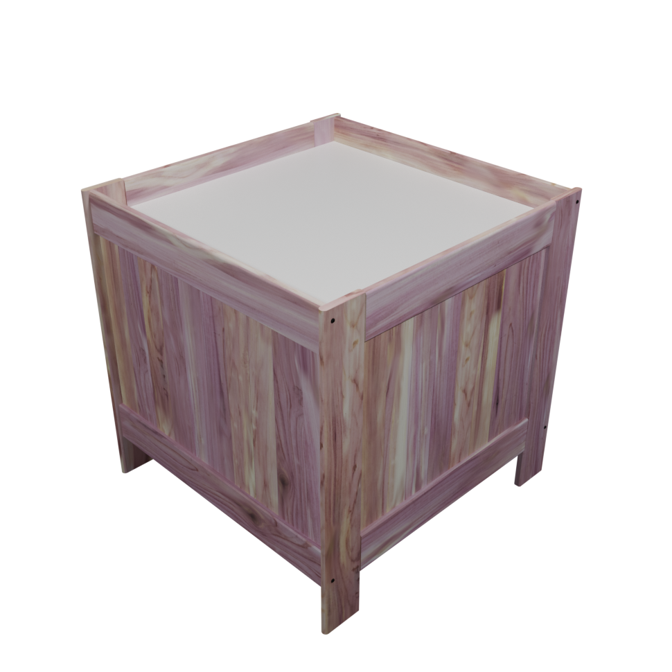 A solid wood retail product dump bin with adjustable melamine bottom, featuring a natural red cedar wood finish.