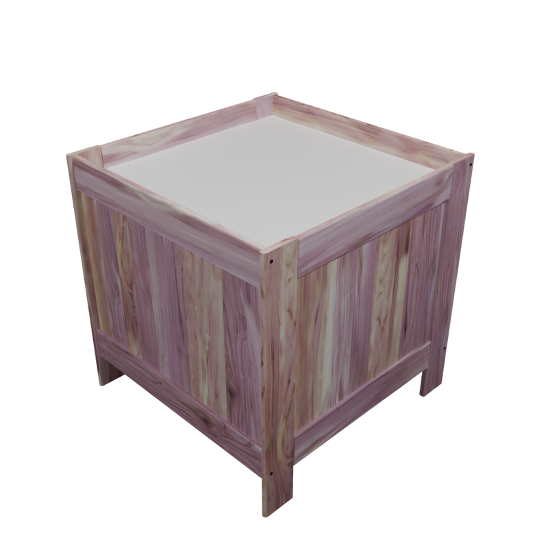 A solid wood retail product dump bin with adjustable melamine bottom, featuring a natural red cedar wood finish.