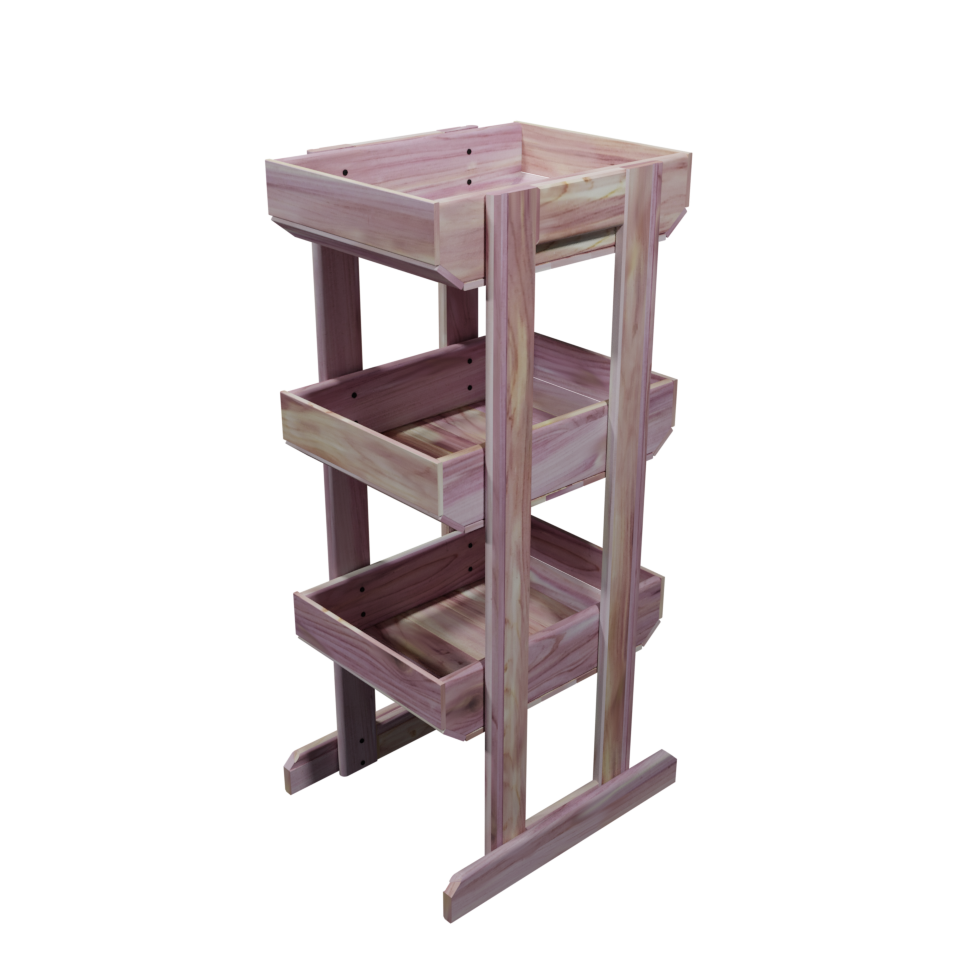 A solid wood 3 tier retail product dump bin featuring a natural red cedar wood finish.