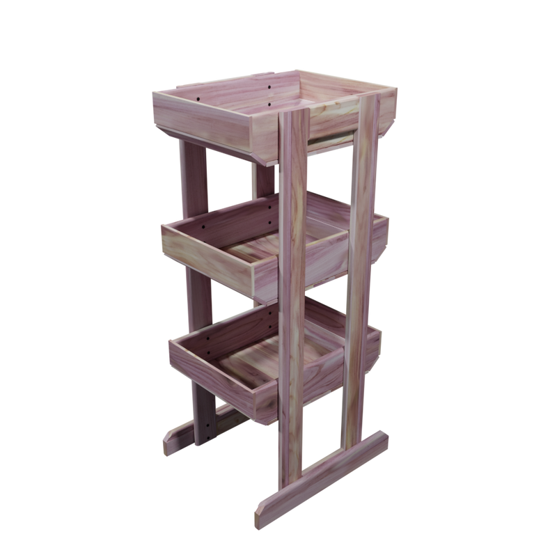 A solid wood 3 tier retail product dump bin featuring a natural red cedar wood finish.